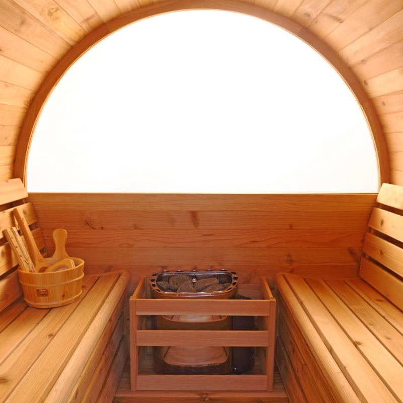 Hongyuan 4-Person Outdoor Backyard Barrel Sauna with Harvia 6KW Heater, Tempered Glass Door, Japanese Cedar Wood, Asphalt Shingle Roof, 67" Interior Length