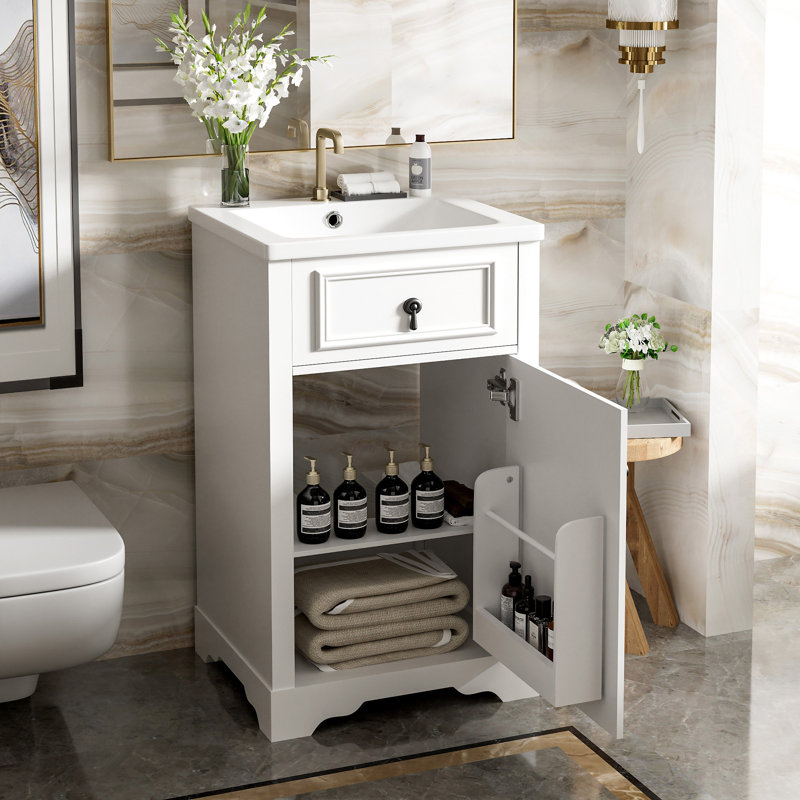 20-Inch Bathroom Vanity With Ceramic Sink, Soft Close Door, Adjustable Shelf, And Door-Mounted Storage Rack - Ideal For Small Bathrooms
