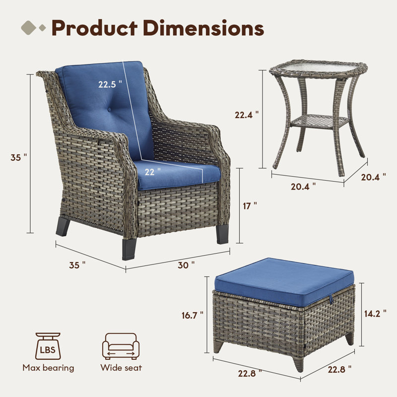 Carlston Outdoor PE Wicker Patio Lounge Chair Set with Side Table and Ottomans