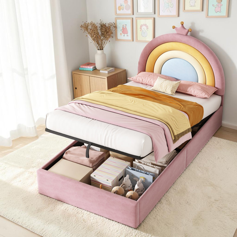 3ft Single Velvet Upholstered Bed Frame with Hydraulic Storage with Adjustable Rainbow Headboard