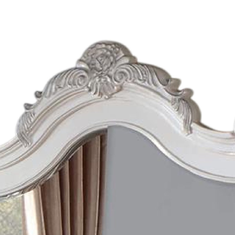 Miroir de commode Prio, cadre en bois sculpté classique, brun cerise, 59 pouces, Blanc perle