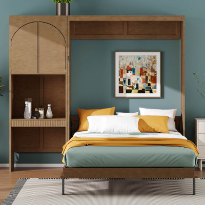 Murphy Bed with Desk, Drawers, Reversible Left-Right Side Cabinet, LED Light, Foldable Wall Bed, Space-Saving Murphy Bed