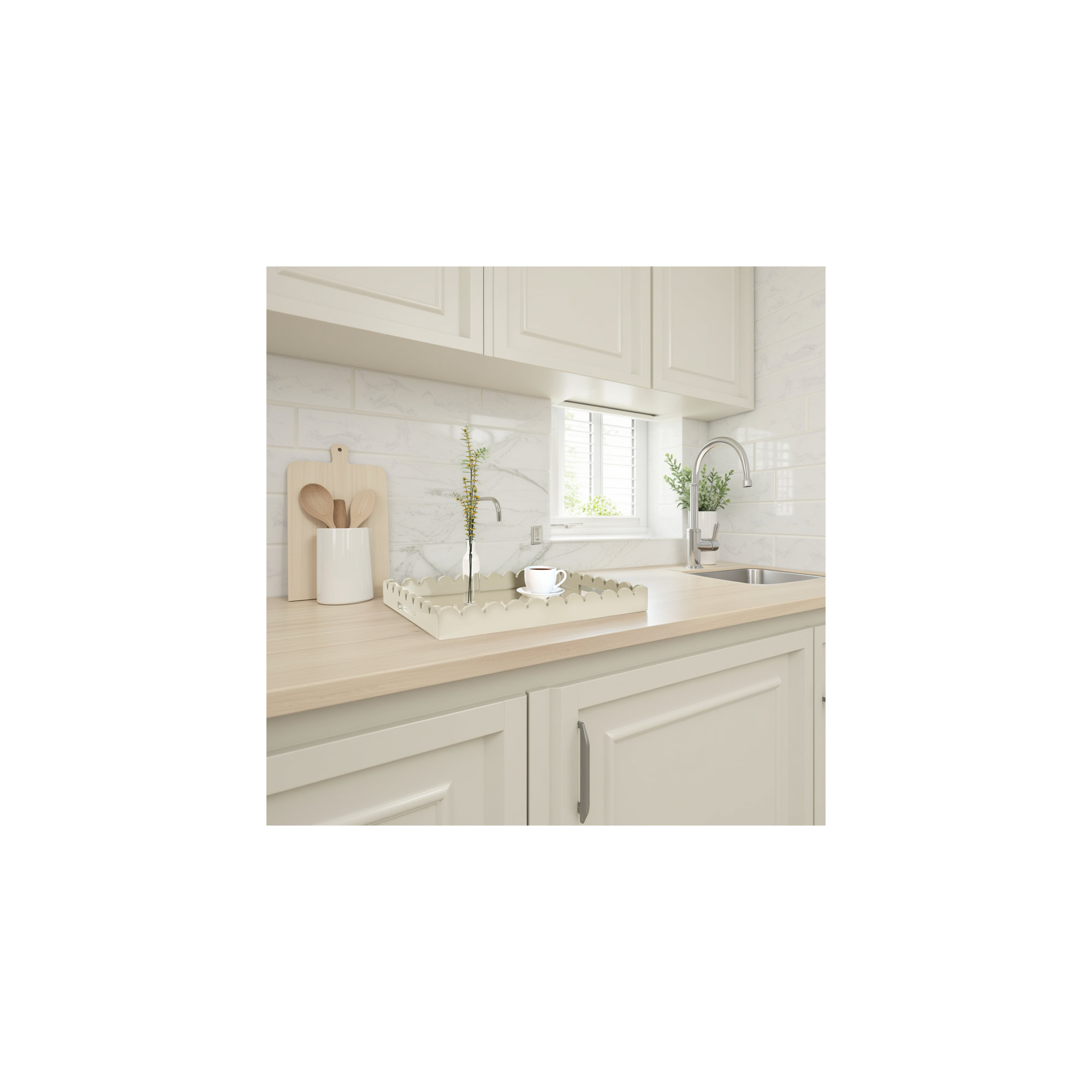 Hindley Hand-Crafted Rectangular Scalloped Wood Tray, Gray