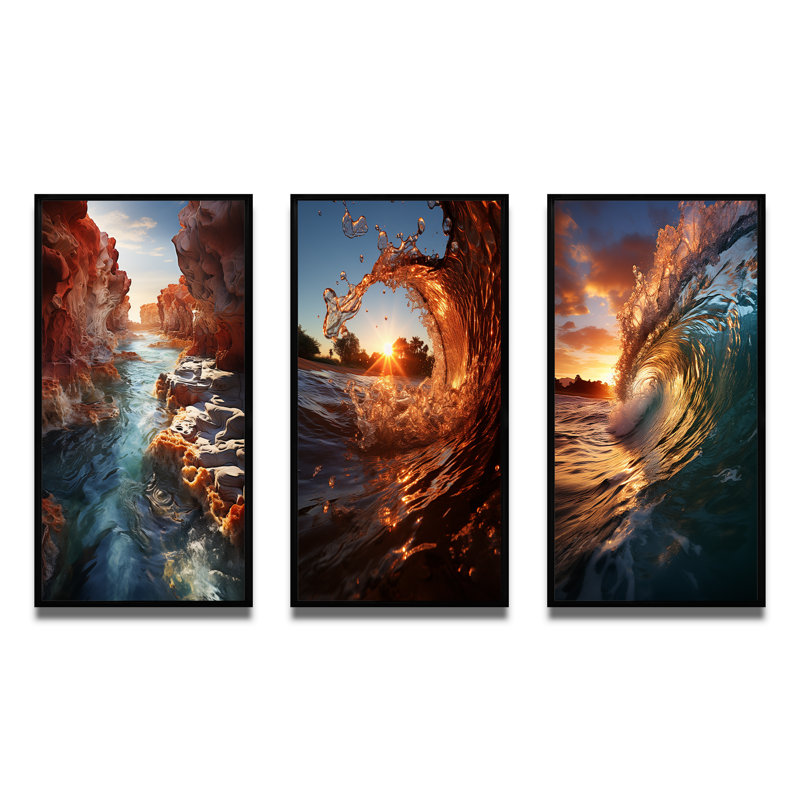 «Sunshine In Breaking Waves Nature Photographie», 3 pièces sur toile, Cadre flottant noir, H 20 po x l 36 po