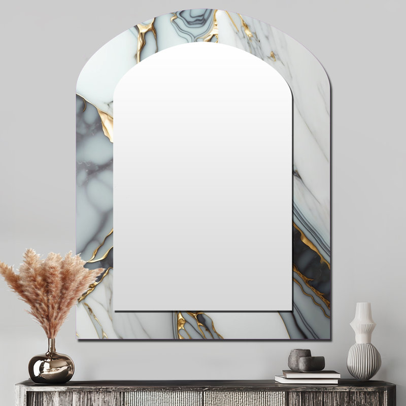 Abstract Geode Gold And White Marble V - Marble Asymmetrical Decorative Wall Mirror, Modern Arch Mirror, Printed Metal Art