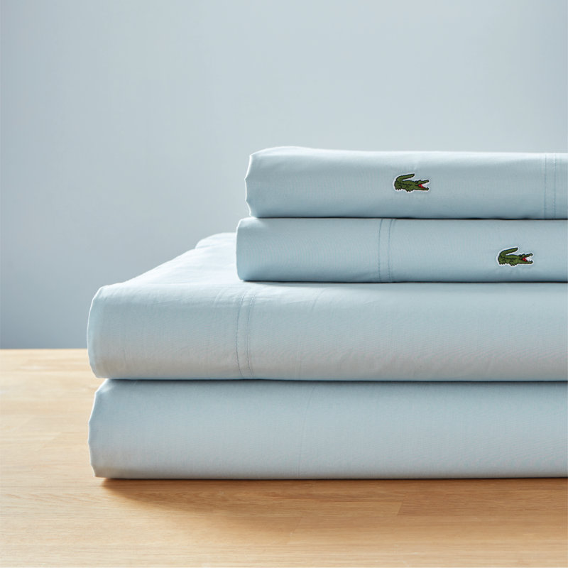 Lacoste Center Line Cotton Percale Sheet Set, Lightweight and Breathable Crisp Feel with Embroidered Crocodile, Light Blue, Twin XL