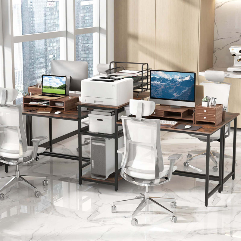 97 Inch Two Person Desk Double Computer Desk With Power Outlets Printer Stand