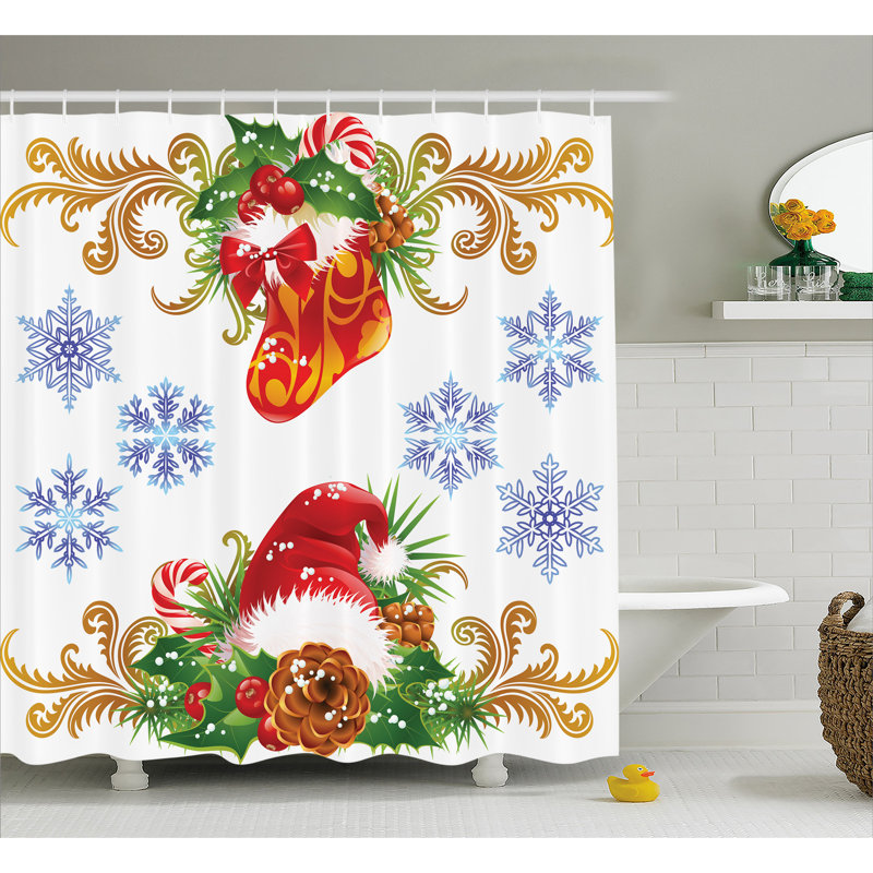 Rideau de douche et crochets de noël pour la douche santa hat, H 69 po x l 105 po