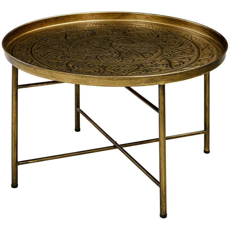 24" Round Coffee Table with Hammered Tray Top, Vintage Metal Center Table, Gold