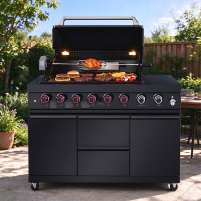 Îlot de cuisine extérieure de 147 cm (58 po) avec barbecue à gaz à 6 brûleurs, 96 000 BTU, noir, avec rôtissoire électrique, voyants DEL sur les boutons, thermomètre, bac à graisse coulissant, tiroirs de rangement et ouvre-bouteille pour terrasse et jardin.