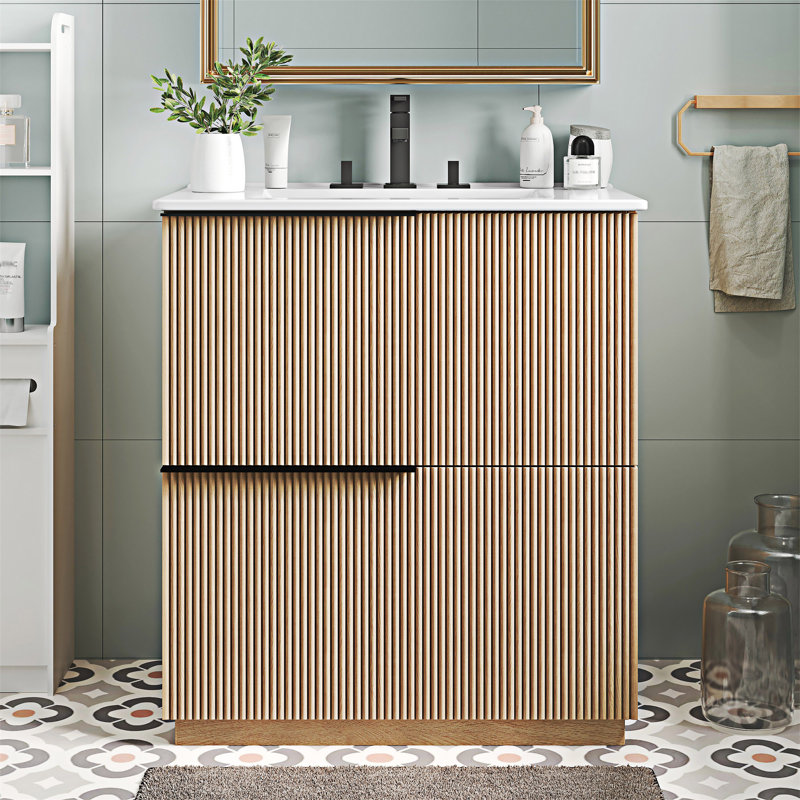 Meuble-lavabo avec lavabo et tiroirs en céramique, Naturel