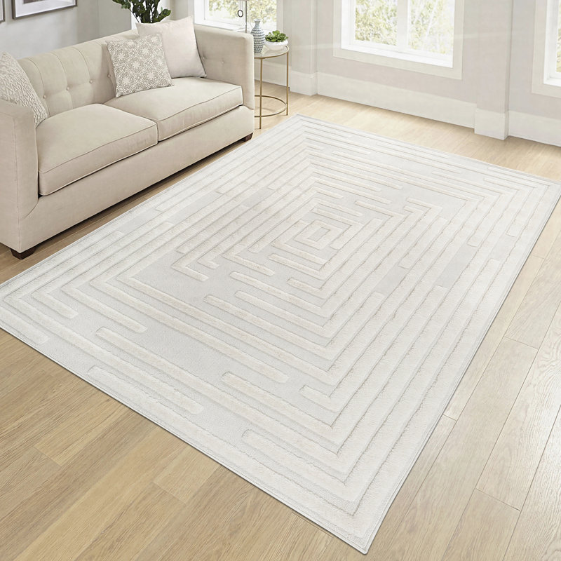 High-Low Striped Cream Modern Geometric Bohemian Area Rug 7'9''x10' Indoor Non-Shedding Carpet Cream