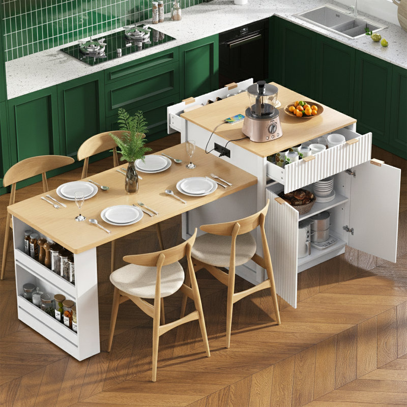 82.6" Fluted Kitchen Island With Extendable Dining Table For 4-6 - Island With Power Outlet And Faux Marble Top - Double-Sided Storage - Black