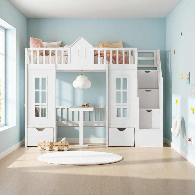 Twin-Over-Twin Bunk Bed With Changeable Table, Bunk Bed Turn Into Upper Bed And Down Desk, White