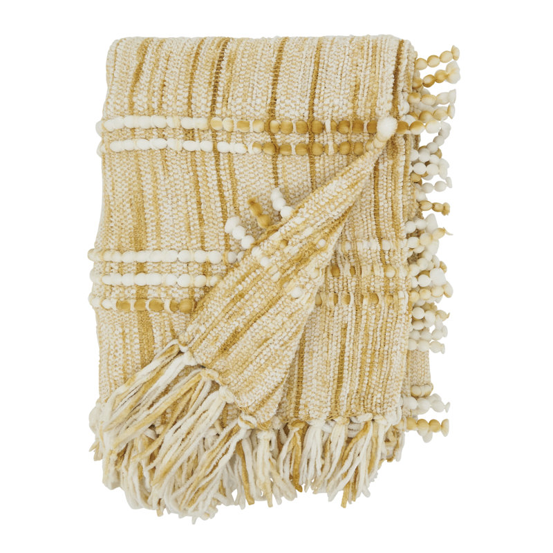 Rustic Gold and White Fringed Chenille Cotton Throw Blanket