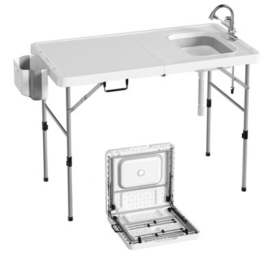 Outdoor Folding Fish Cleaning Table With Sink & Faucet, Portable Camping Prep Table With Carry Handle For Fishing & Picnic