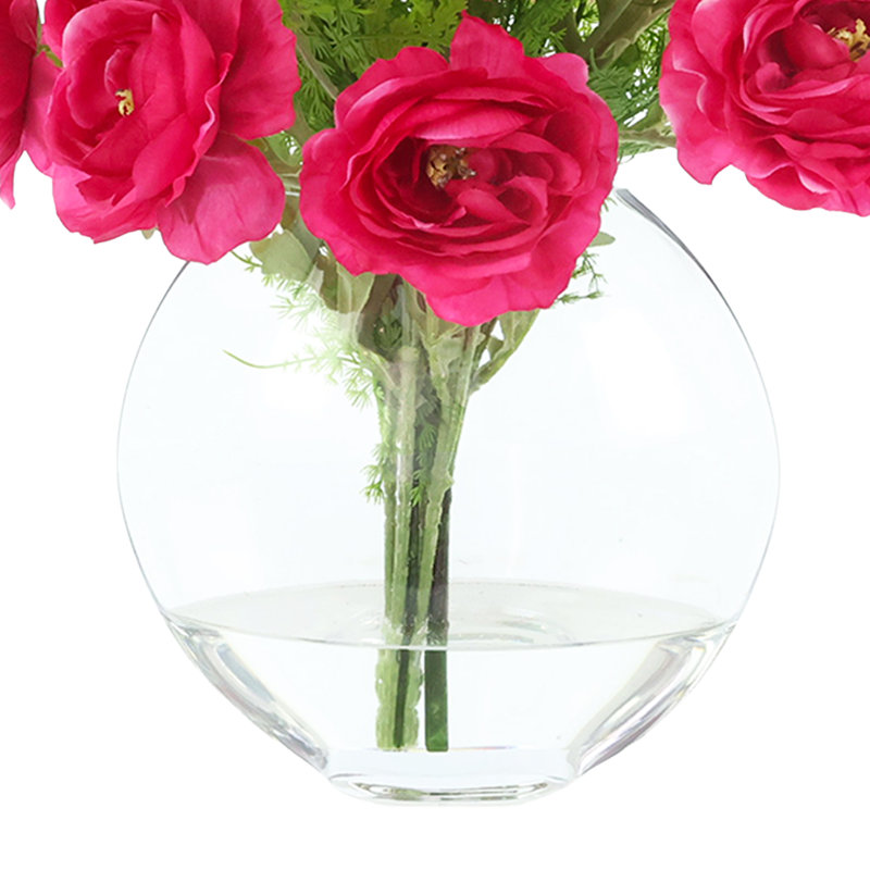 Ranunculus and Fern in a Glass Vase with Acrylic Water, 17" H x 17" W x 14" D, Burgundy