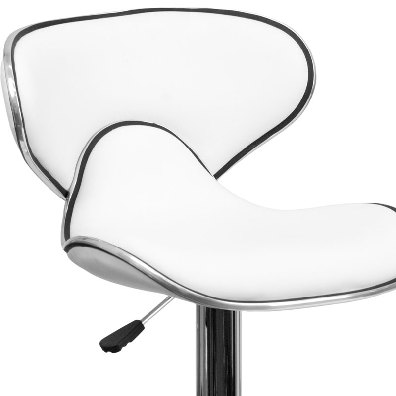 Tabouret de bar contemporain confortable en vinyle à hauteur réglable et dossier mi-haut avec base chromée Claudine, Blanc