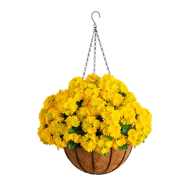 24 po Panier suspendu en chrysanthème artificiel résistant aux rayons UV (intérieur / extérieur), Jaune