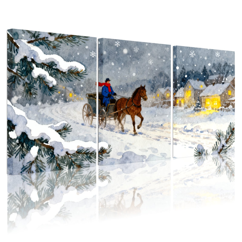 Scène de Noël en hiver, calèche enneigée, arbres de village, ensemble de 3 impressions sur toile, H 18 po x l 36 po