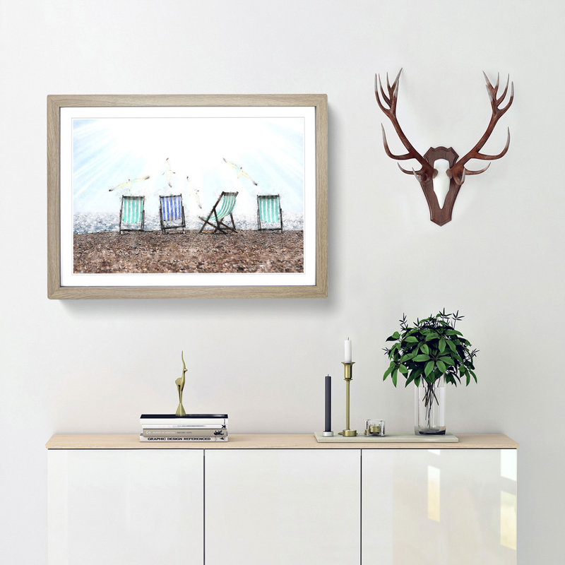 Deckchairs on Brighton Beach - Picture Frame Graphic Art Print, Oak Framed, 62cm H x 87cm W x 2cm D