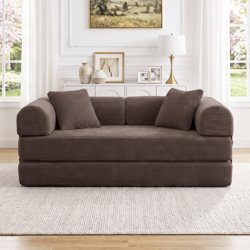 64.7" Boneless Corduroy Sleeper Sofa Bed, Modular Futon Couch, Compression Foam Sofa with 2 Pillows, No Assembly Required