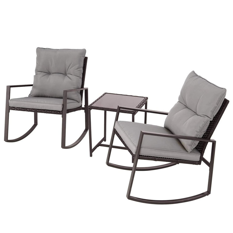 2 - Person Outdoor Dining Set, 3-Piece Outdoor Rattan Rocking Bistro Set with Cushions and Glass Coffee Table, Gray, Brown