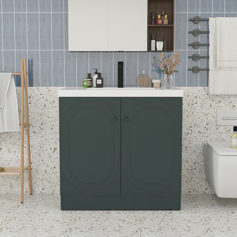 Meuble-lavabo 36 po avec lavabo en résine, Vert foncé, Doré