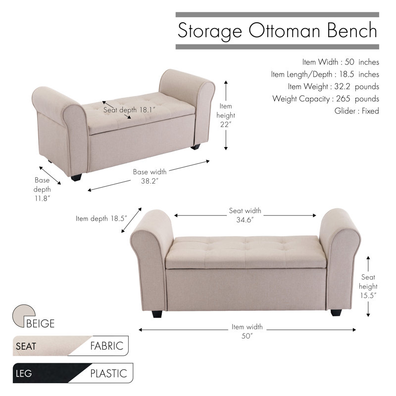 Ammarie Fabric Upholstered Storage Bench, Beige