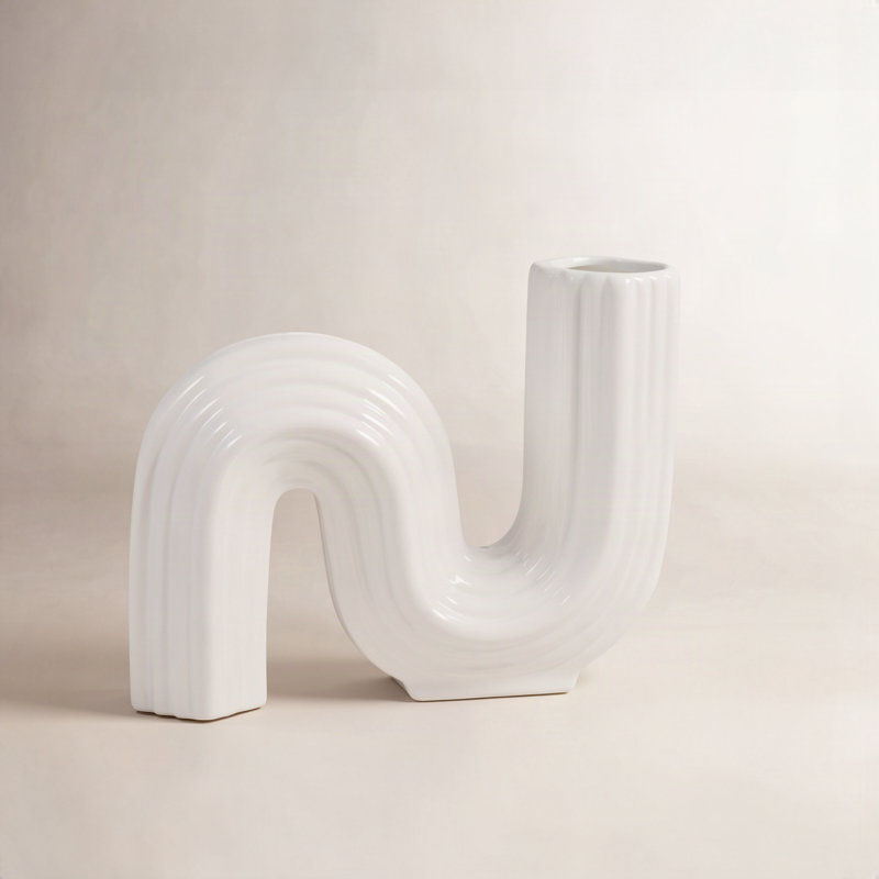 Stoneware Ceramic Vase with Sculptural Curved Shape and Ribbed Textured Design, White