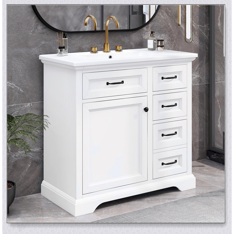 Meuble-lavabo de 36 pouces avec lavabo en céramique, 2 tiroirs basculants, charnières à fermeture en douceur, finition blanche pour un rangement élégant