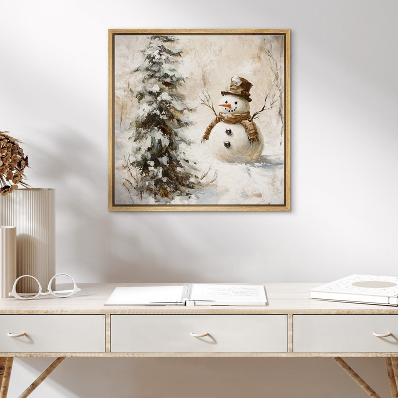 Impression sur toile, bonhomme de neige avec arbre de Noël en hiver, Cadre flottant noir, H 24 po x l 24 po