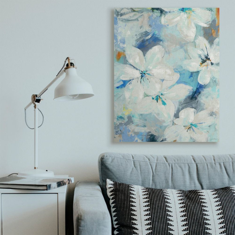 Fleurs de lis blanc abstrait bleu - impression, H 48 po x l 36 po x 1,5 po, Toile tendue