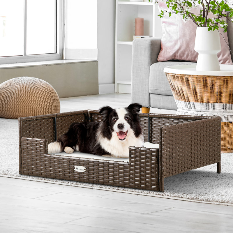 Canapé en rotin pour chien avec coussin en mousse, Moyen (l 34,6 po x P 23,6 po x H 11,6 po), Blanc
