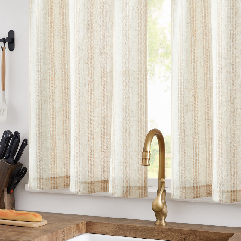 Kitchen Curtains Striped Tier Cafe Curtains Farmhouse Small Curtains, 26" W x 24" L, Tan on Beige