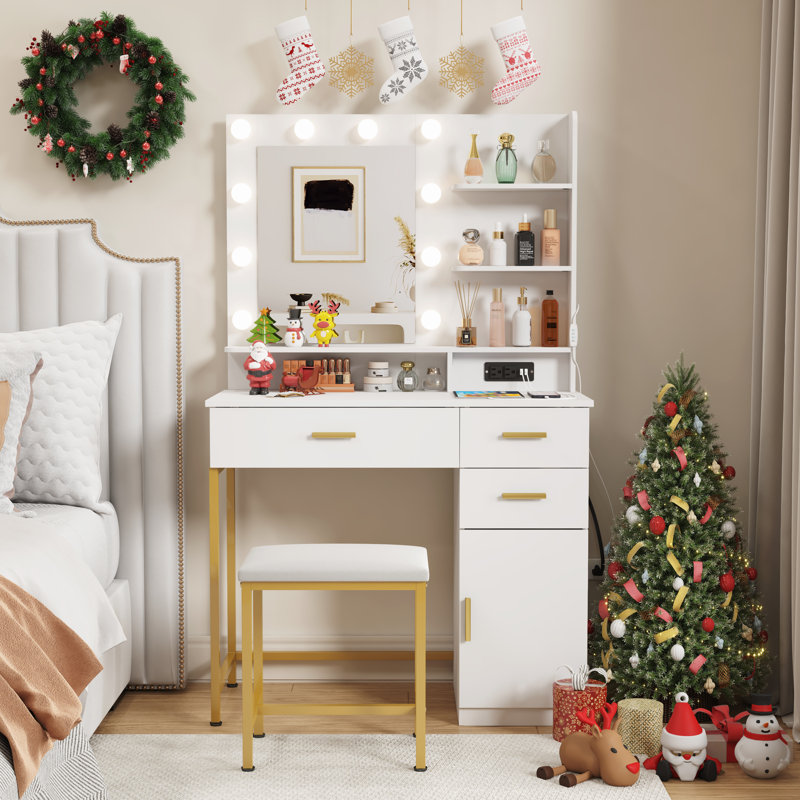 Vanity With Mirror And Lights, Adjustable Color/brightness, White Makeup Desk With 2 Drawers And Stool For Bedroom, Bathroom, Makeup Room