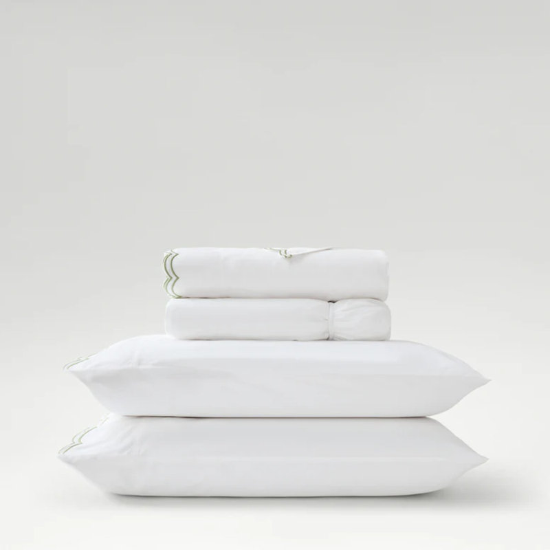 Scallop Edge Sheet Set, White/Matcha, King Sheet Set