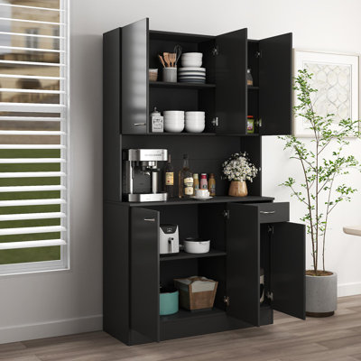 70,87 "de hauteur avec garde-robe et armoire de cuisine, avec 6 portes, 1 tablette ouverte et 1 tiroir pour la chambre à coucher, noir