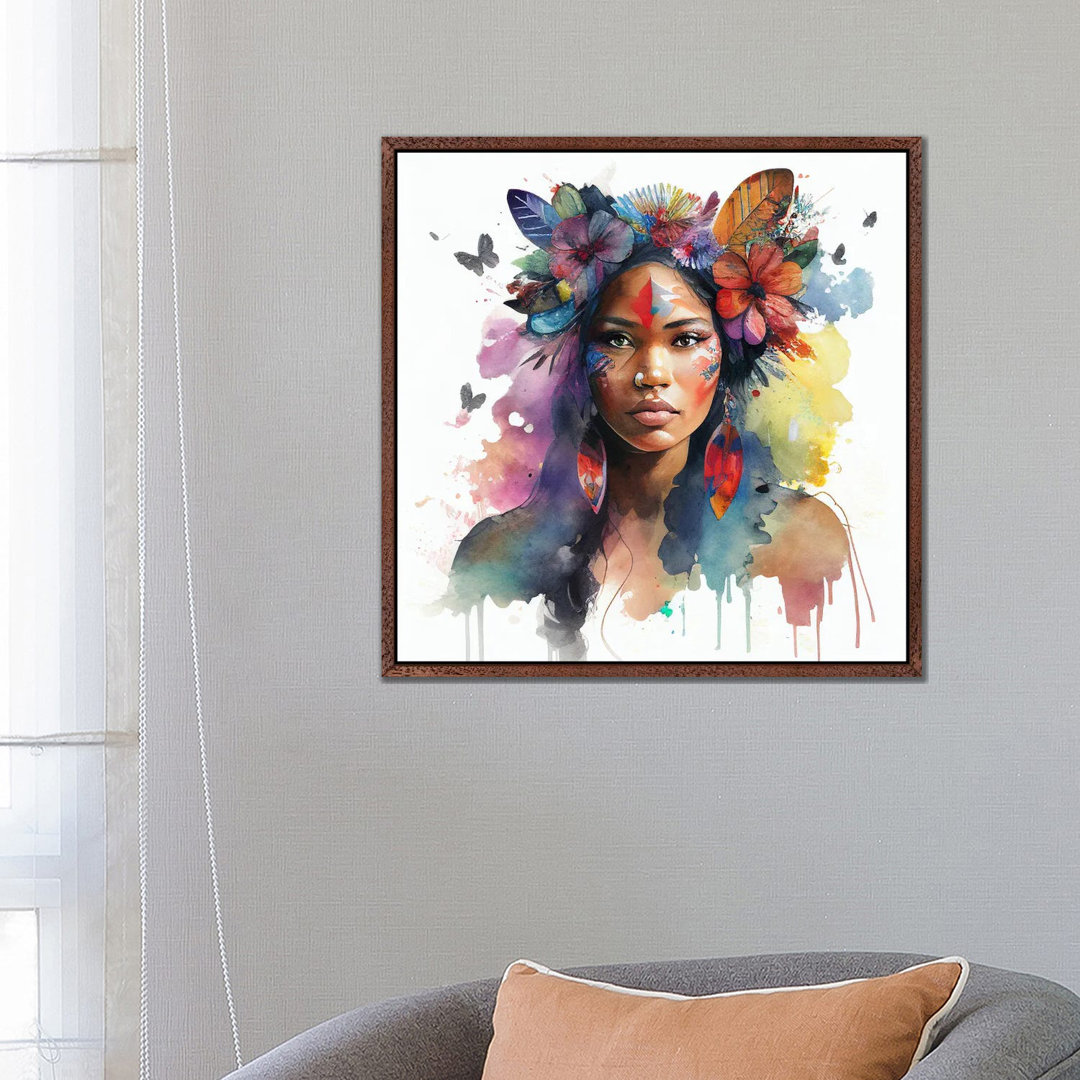 Watercolor Floral Indian Native Woman I von Chromatic Fusion Studio - Gallery-Wrapped Canvas Giclée on Canvas