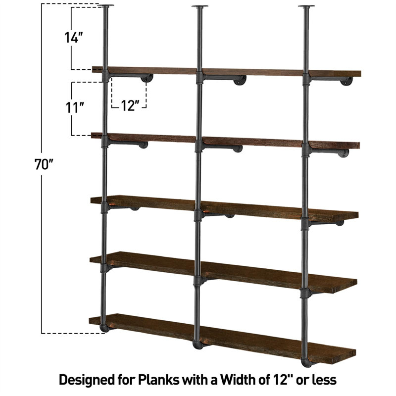5 Tier Farmhouse D.I.Y Iron Pipe Shelf Wall Mount Open Bookshelf (Wooden board not included)
