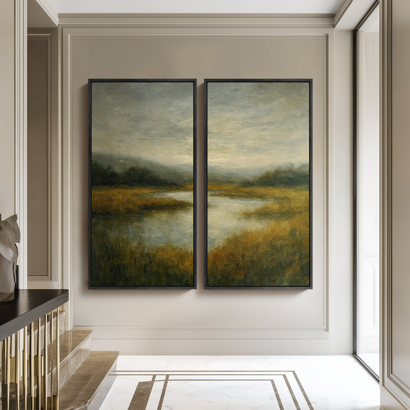 «Green Marsh Landscape with Reflections», ensemble de 2 reproductions d'art murales encadrées sur toile 60 po x 20 po x 2 pièces, 60 po x 30 po x 2 pièces
