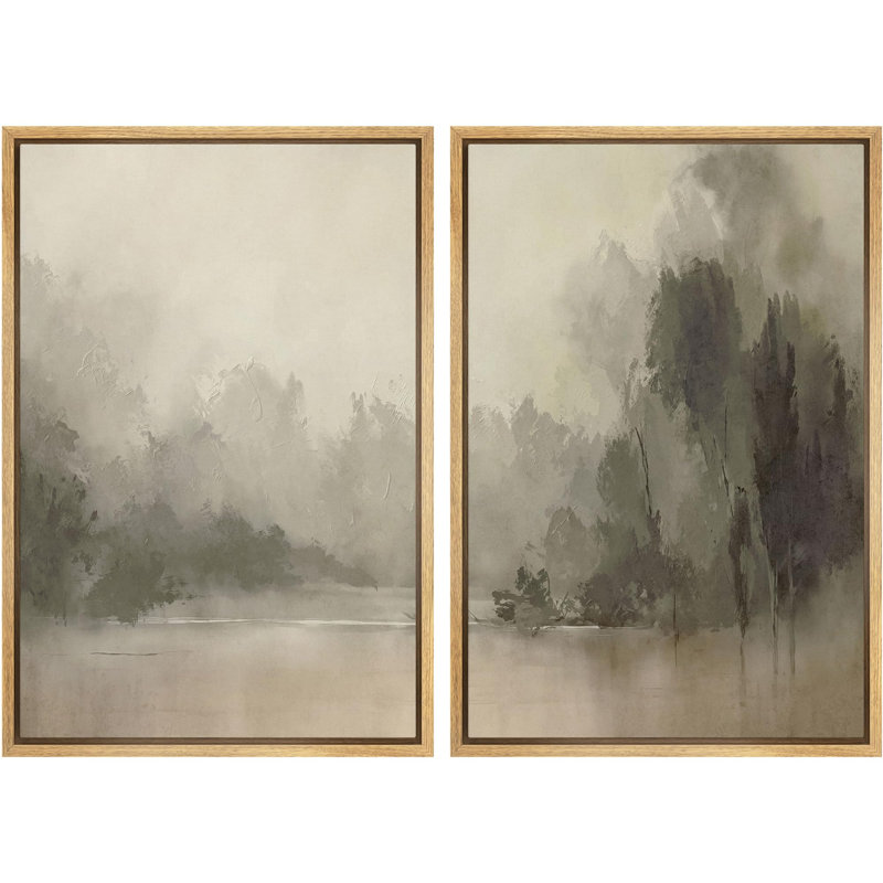 «Tranquil Nature Escape Misty Forest And River Landscape», art mural moderne, œuvre d'art, minimaliste, 2 pièces, Naturel