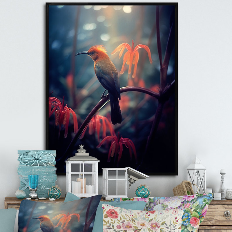 Oiseau jaune sur une fleur de cerisier V sur toile, H 44 po x l 34 po x P 1,5 po, Cadre flottant noir