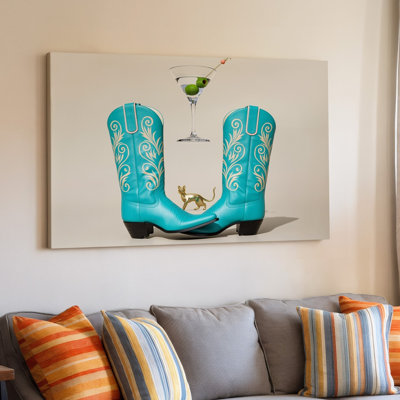 Toile, une paire de bottes de cowboy turquoise élégamment conçues avec des motifs tourbillonnants élégants dans un art mural sur toile contrastant