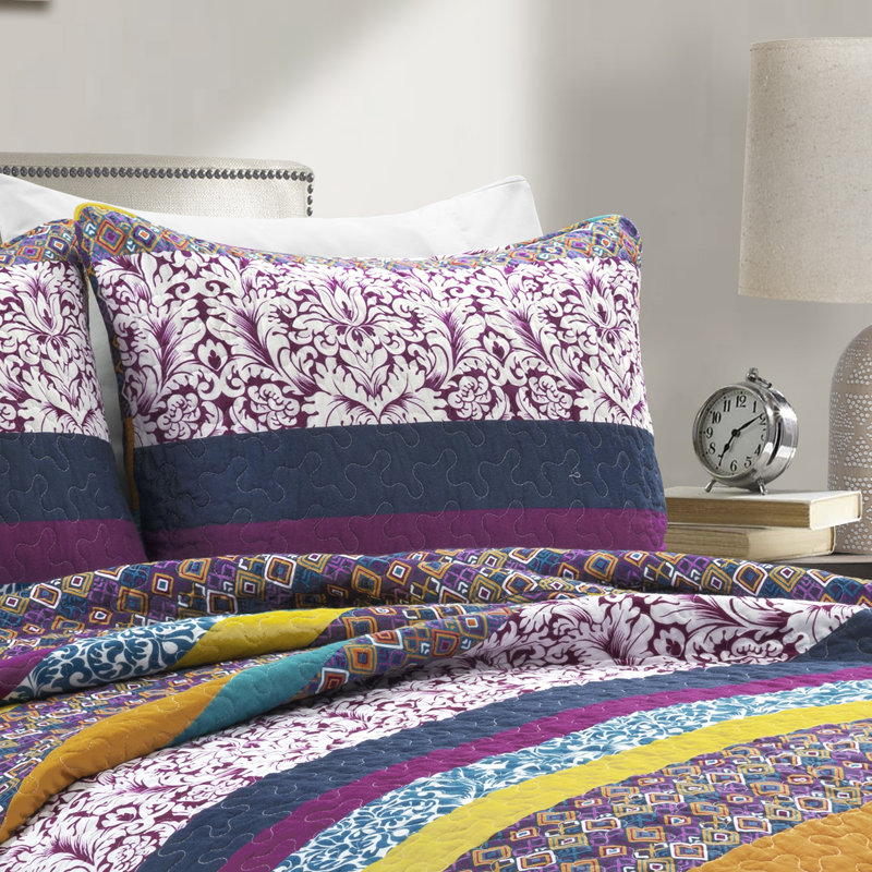 Boho Stripe Reversible Coverlet Set, King Quilt + 2 King Shams, Purple/Yellow
