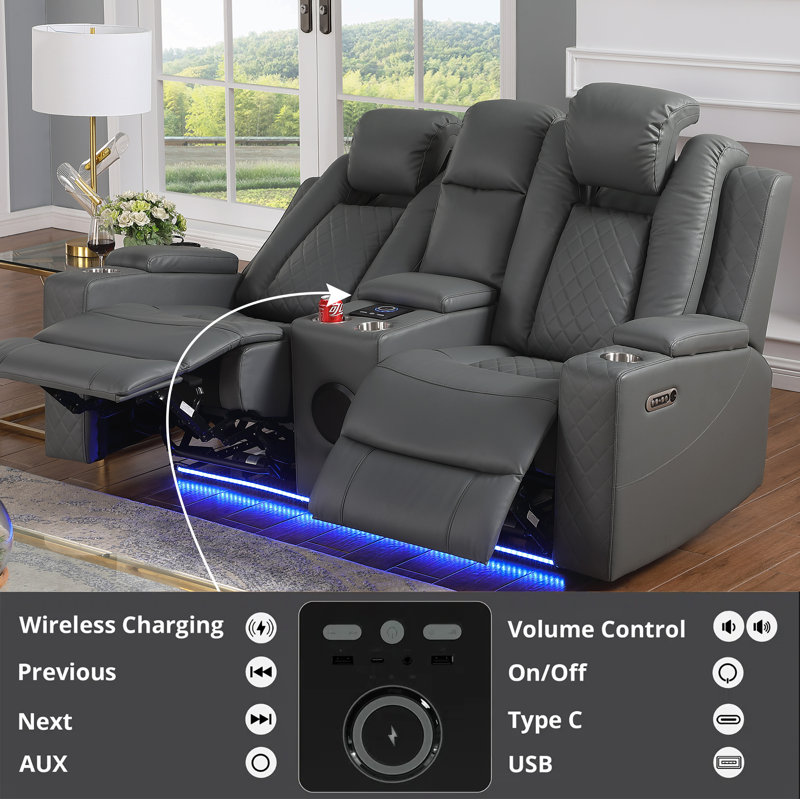 Tiertza 2-Piece Faux Leather Living Room Power Recliner Set With Adjustable Headrest & Storage, Gray