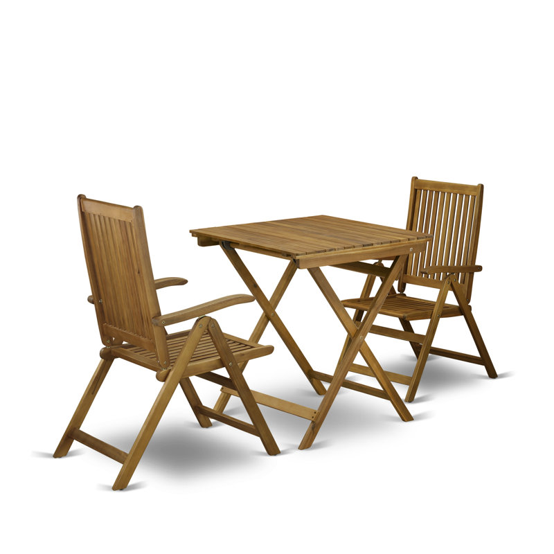 3 Piece Outdoor Conversation Bistro Set Contains a Square Acacia Wood Coffee Table and 2 Folding Adjustable Arm Chairs, Natural Oil