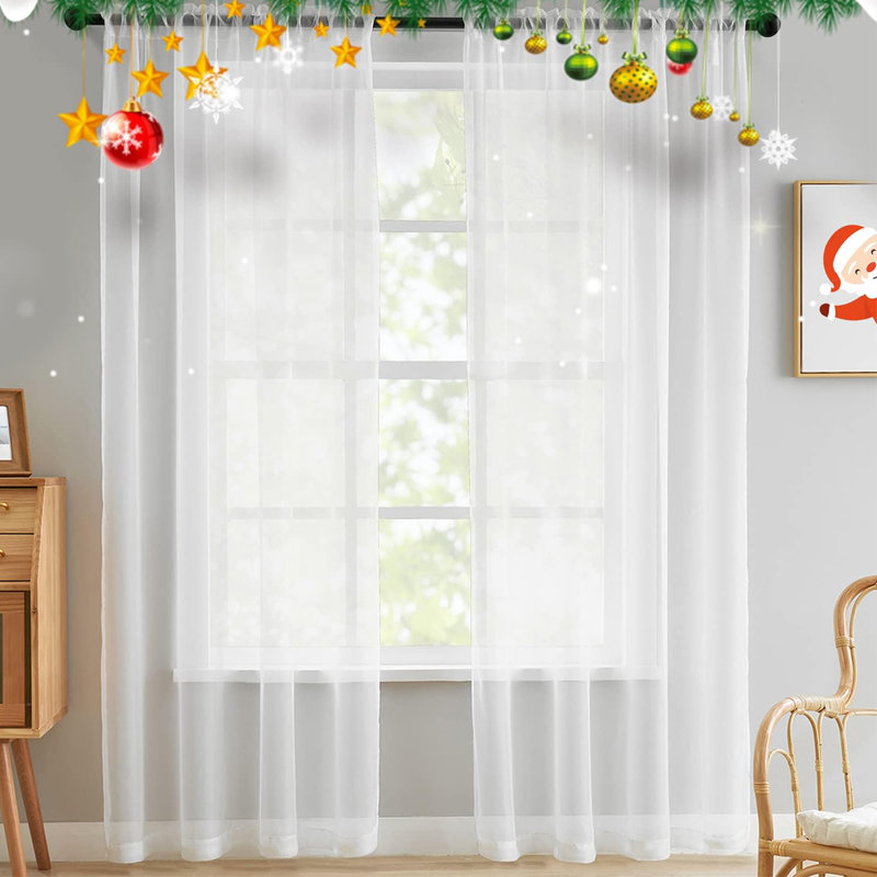 2 Pcs/Set Solid Color Sheer Curtains, Transparent Window Shades Tulle Drapes, Rod Pocket Curtains For Bedroom, Living Room