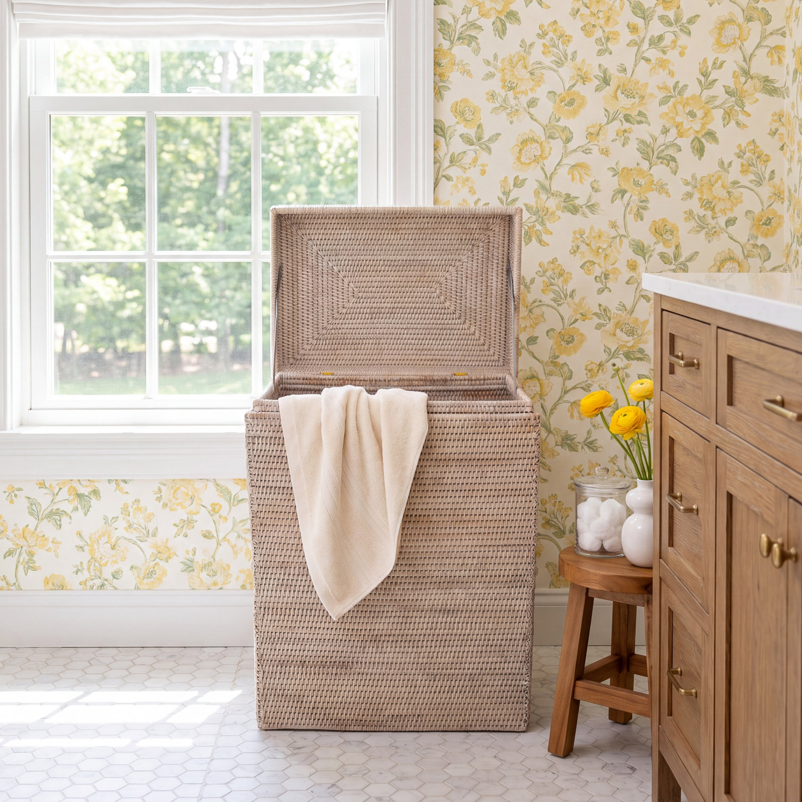 Laundry Hamper with Hinged Lid, White Wash