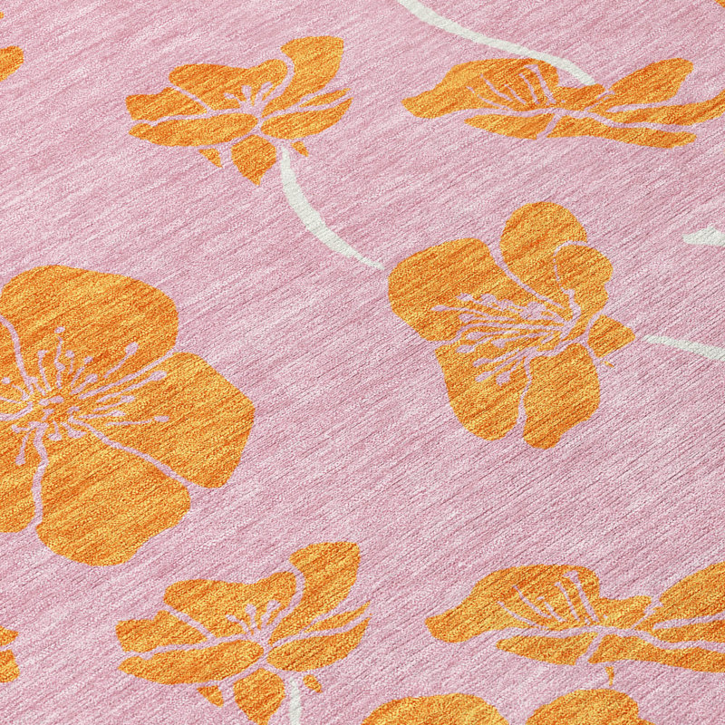 Pink Floral Synthetic Rectangular Washable Area Rug 3' x 5'